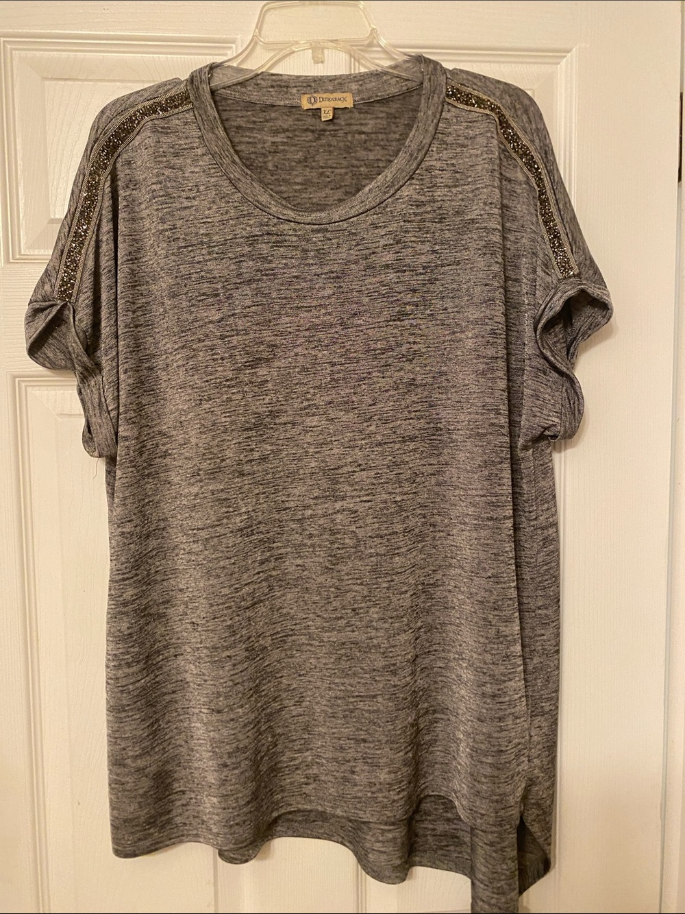 Democracy Heather Gray Short Sleeve Tee with Metallic Shoulder Trim